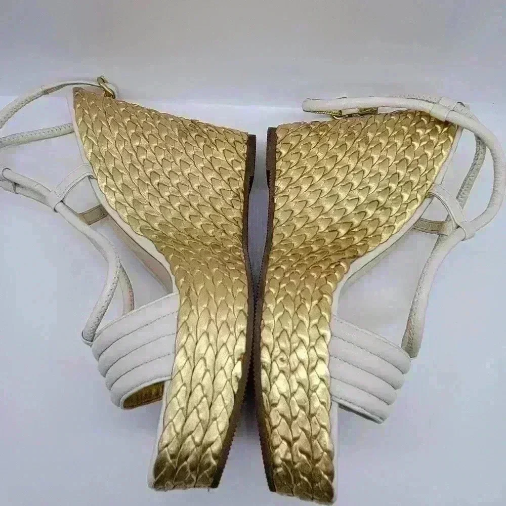 Beautiful! COACH A3259 Blanch Soft Napa White Ankle Strap Gold Wedge Shoes
